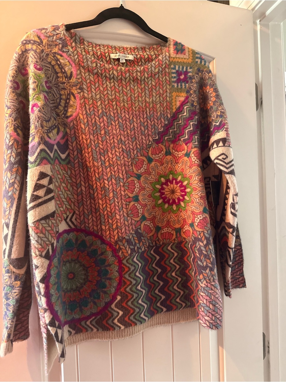John Mark Coral, Cream & Brown Chevron Knit Sweater